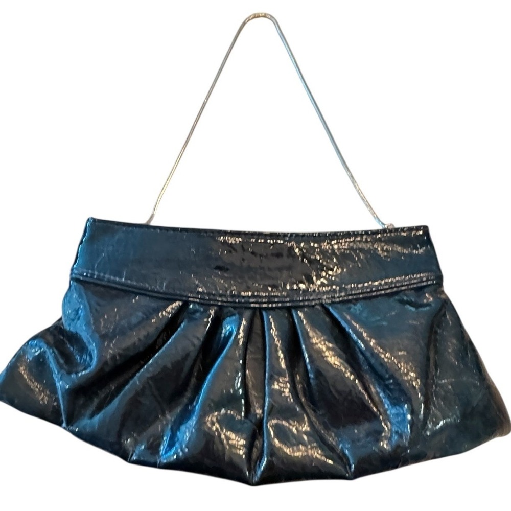 Steve Madden‎ Black Patent Pleated Clutch Bag Silver Snake Chain Strap Y2K Chic
